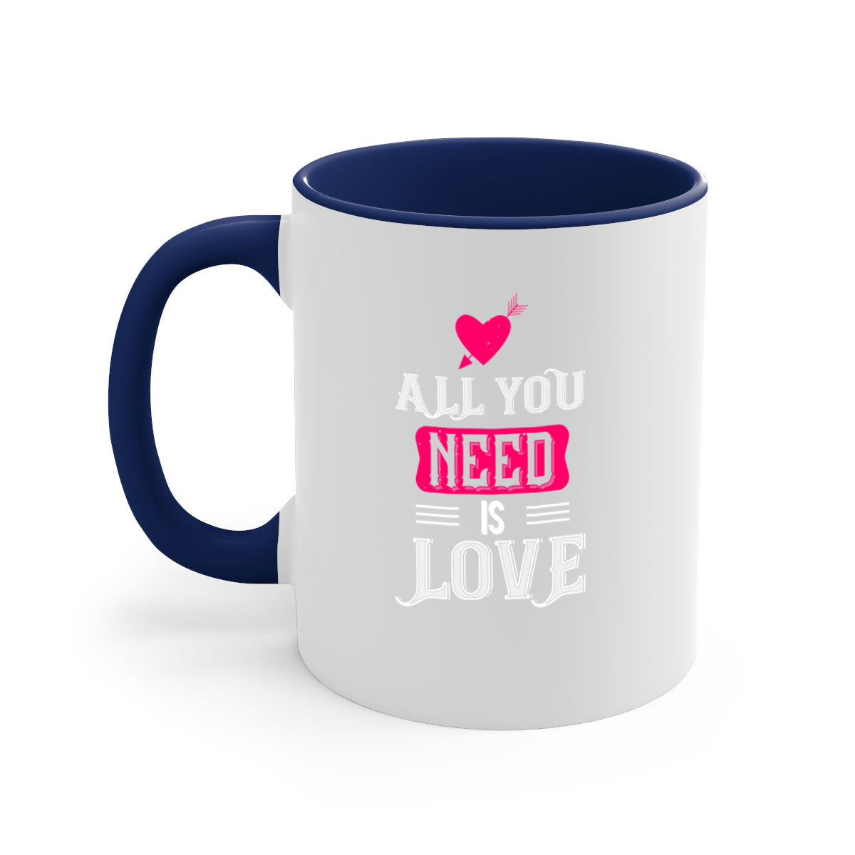 A stylish two-tone 'All You Need Is Love' mug with a glossy finish, featuring a colored handle and interior, perfect for coffee or tea.