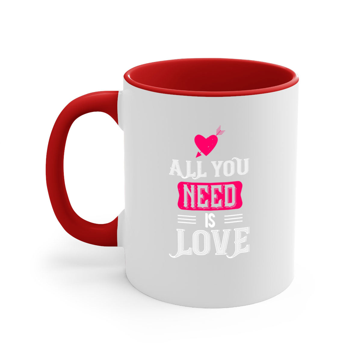 A stylish two-tone 'All You Need Is Love' mug with a glossy finish, featuring a colored handle and interior, perfect for coffee or tea.