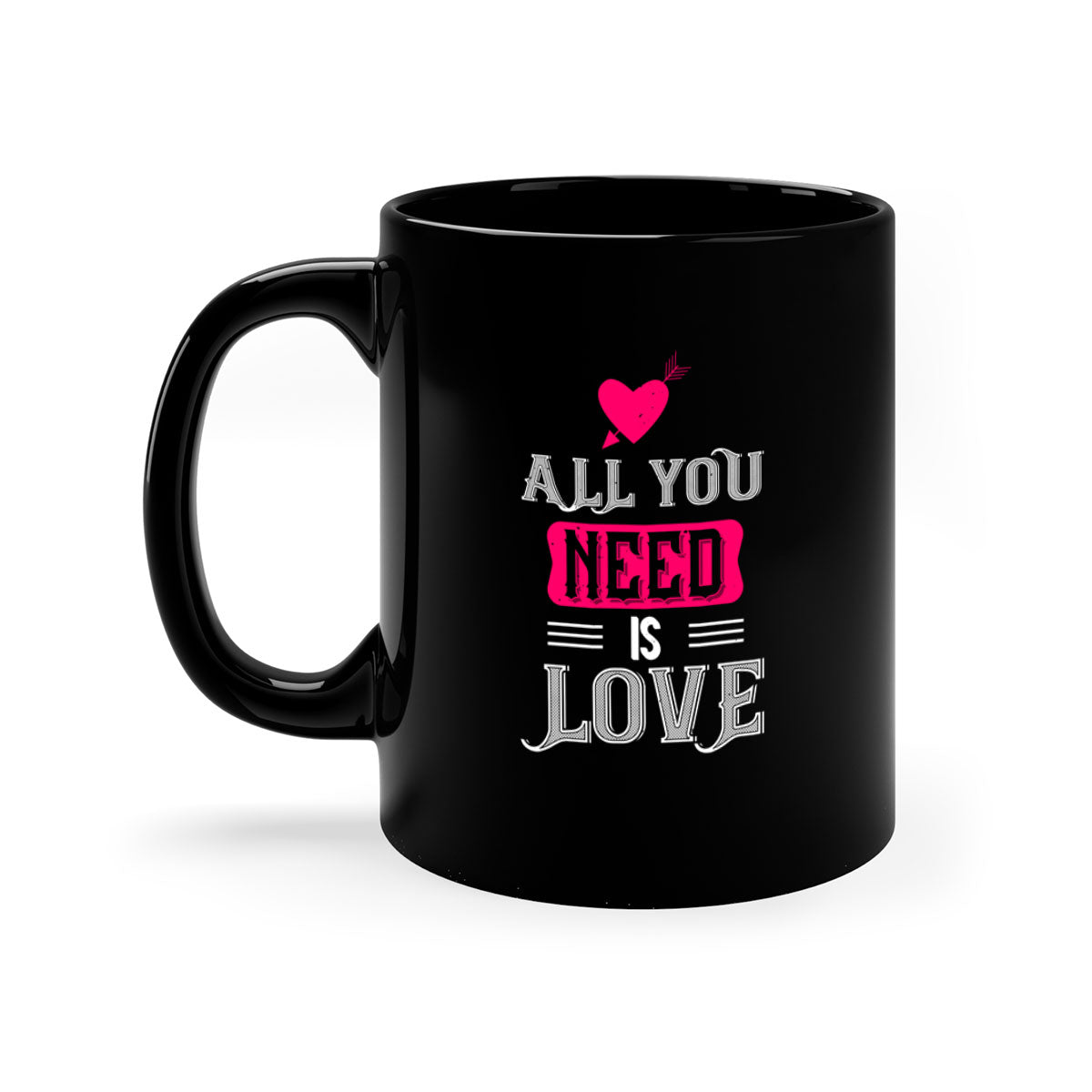 A stylish two-tone 'All You Need Is Love' mug with a glossy finish, featuring a colored handle and interior, perfect for coffee or tea.