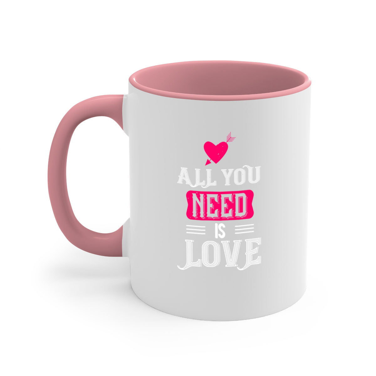 A stylish two-tone 'All You Need Is Love' mug with a glossy finish, featuring a colored handle and interior, perfect for coffee or tea.