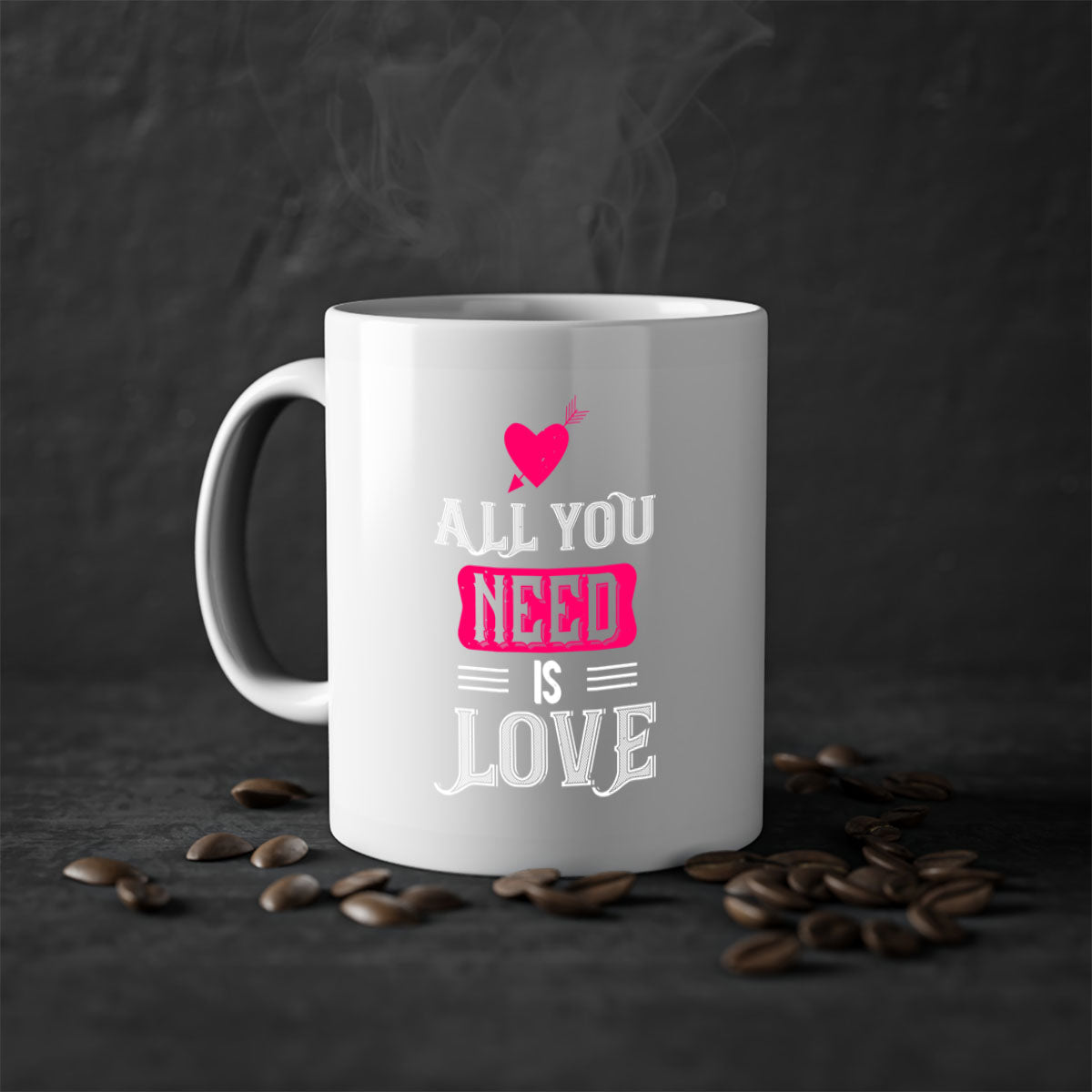 A stylish two-tone 'All You Need Is Love' mug with a glossy finish, featuring a colored handle and interior, perfect for coffee or tea.