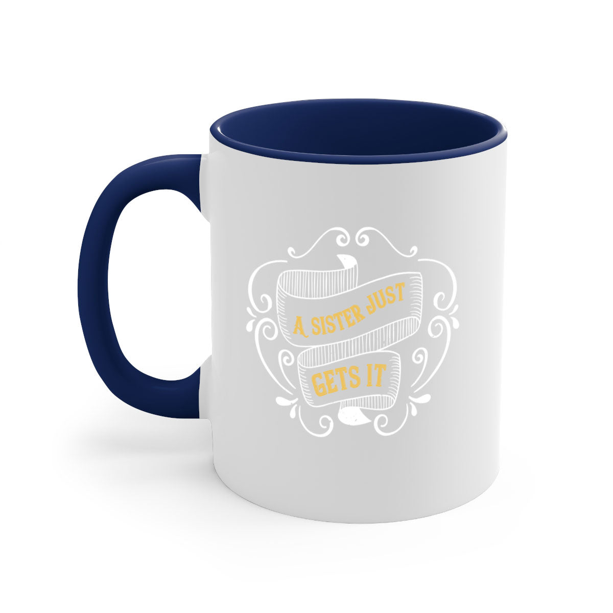 Two-tone ceramic coffee mug with colorful handle and interior, featuring the phrase 'All You Need Is Love… and a Sister'.