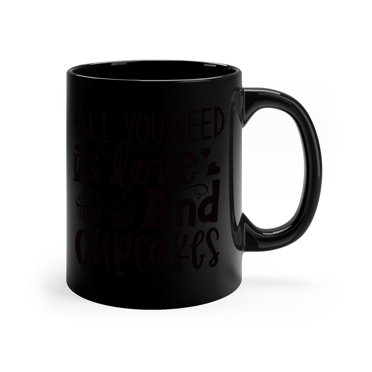 A colorful two-tone ceramic mug with the phrase 'All You Need Is Love and Cupcakes' printed on it, featuring a glossy finish and a C-shaped handle.