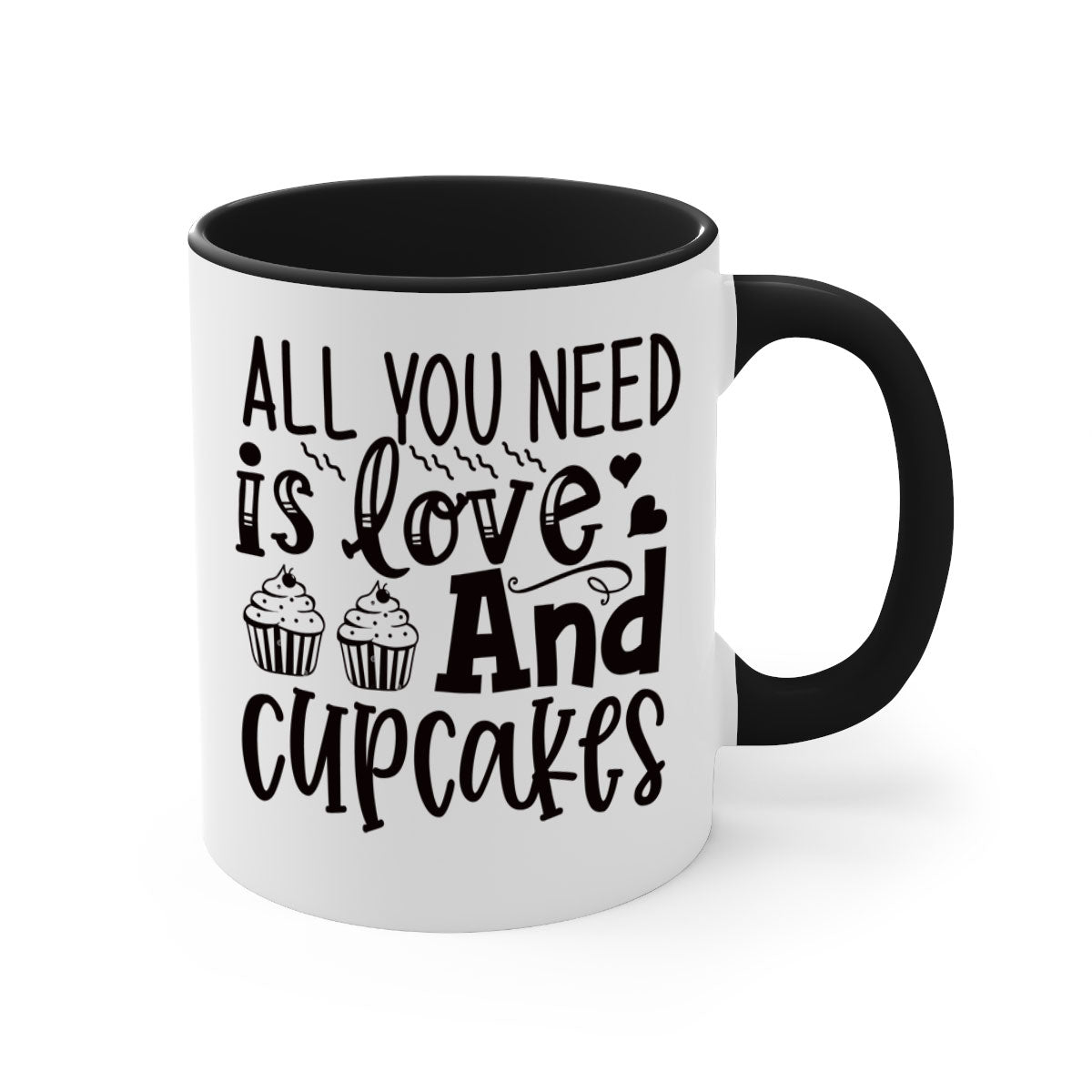 A colorful two-tone ceramic mug with the phrase 'All You Need Is Love and Cupcakes' printed on it, featuring a glossy finish and a C-shaped handle.