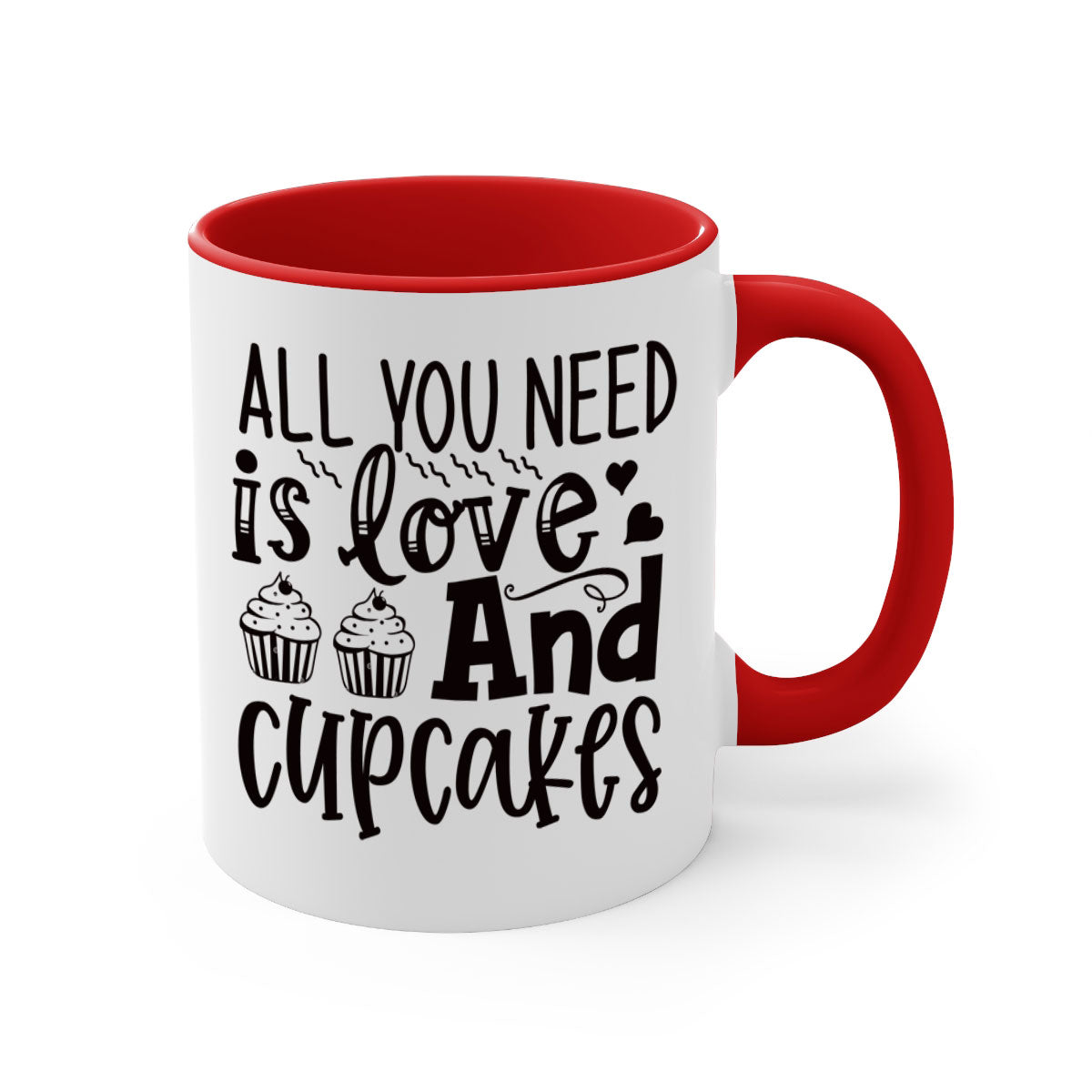 A colorful two-tone ceramic mug with the phrase 'All You Need Is Love and Cupcakes' printed on it, featuring a glossy finish and a C-shaped handle.