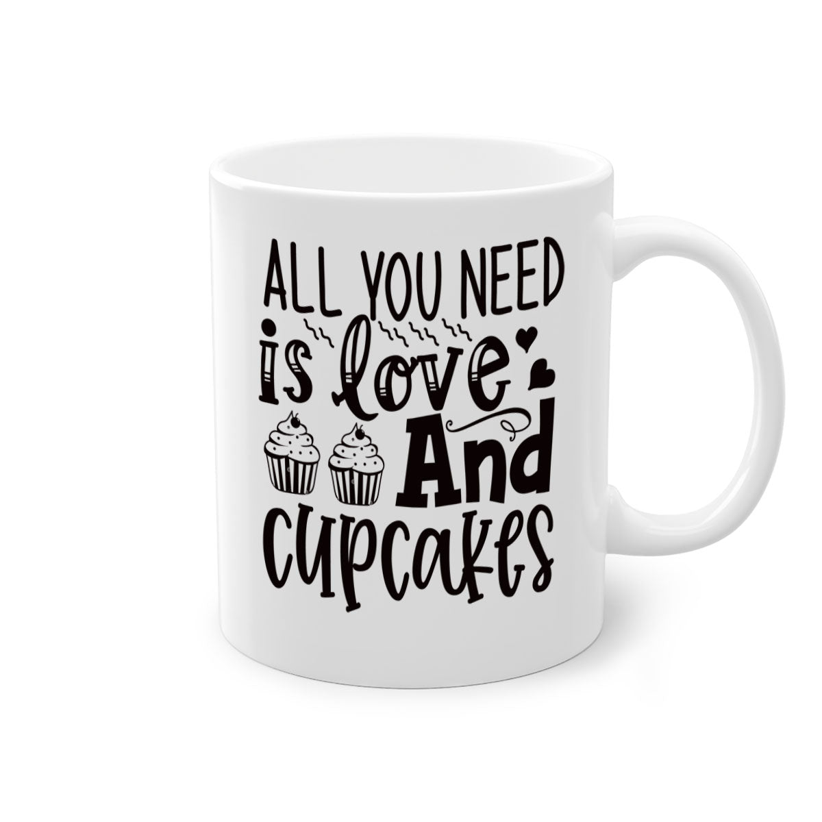 A colorful two-tone ceramic mug with the phrase 'All You Need Is Love and Cupcakes' printed on it, featuring a glossy finish and a C-shaped handle.