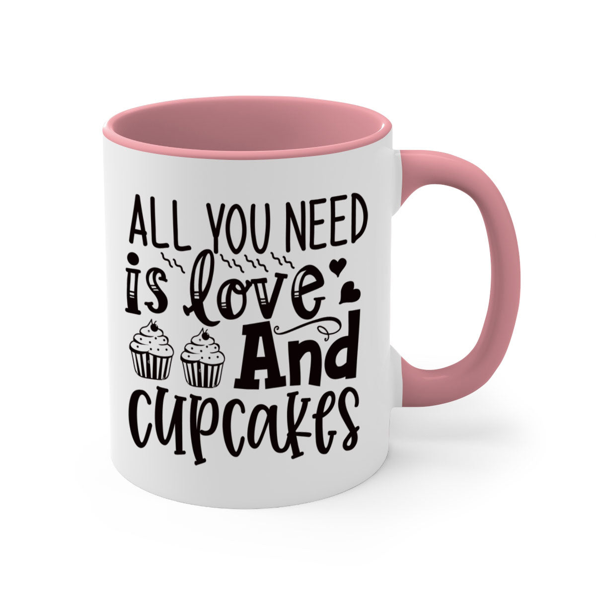 A colorful two-tone ceramic mug with the phrase 'All You Need Is Love and Cupcakes' printed on it, featuring a glossy finish and a C-shaped handle.