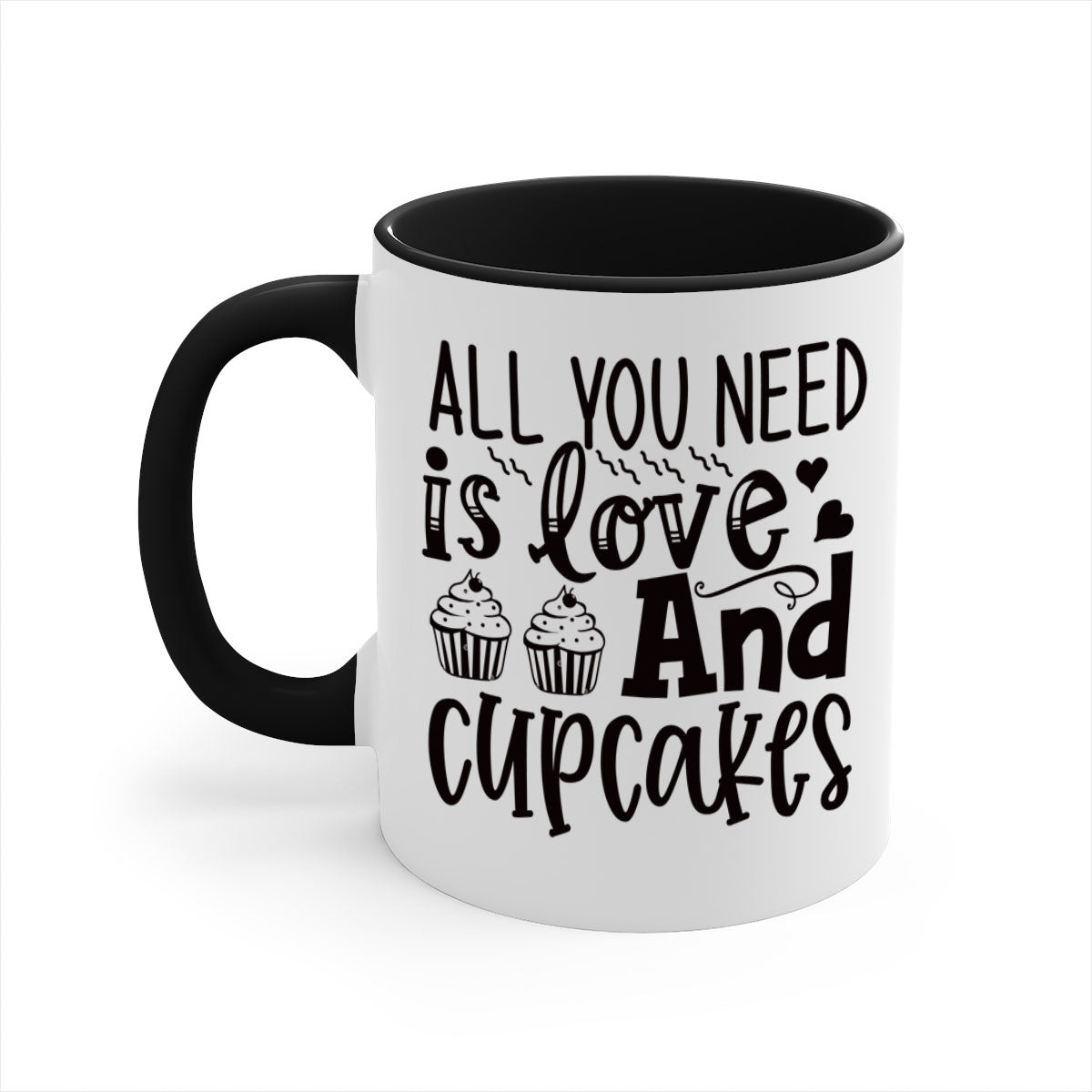 A colorful two-tone ceramic mug with the phrase 'All You Need Is Love and Cupcakes' printed on it, featuring a glossy finish and a C-shaped handle.