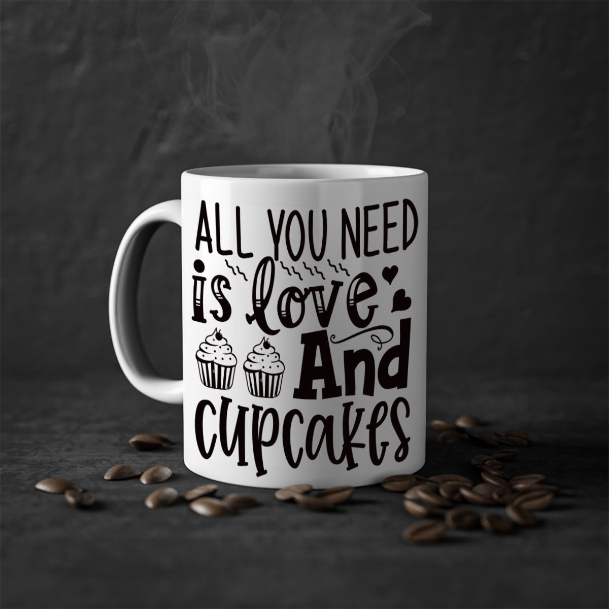 A colorful two-tone ceramic mug with the phrase 'All You Need Is Love and Cupcakes' printed on it, featuring a glossy finish and a C-shaped handle.