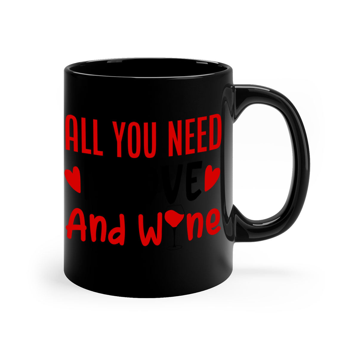 A stylish two-tone ceramic mug with the phrase 'All You Need Is Love and Wine', featuring a colored handle and glossy finish.