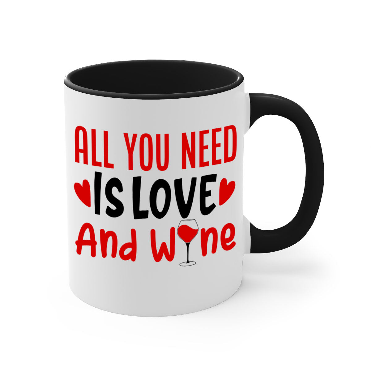 A stylish two-tone ceramic mug with the phrase 'All You Need Is Love and Wine', featuring a colored handle and glossy finish.