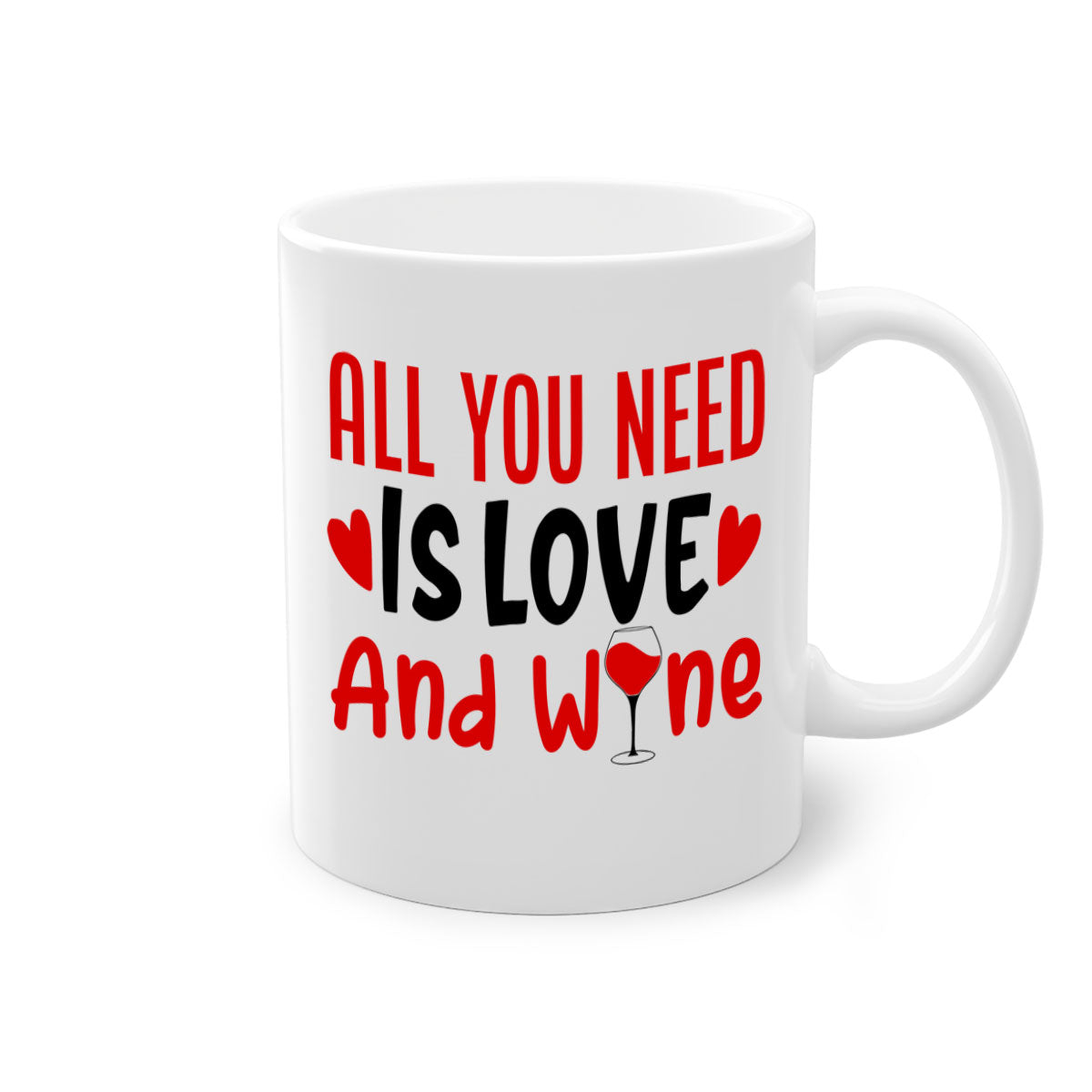 A stylish two-tone ceramic mug with the phrase 'All You Need Is Love and Wine', featuring a colored handle and glossy finish.