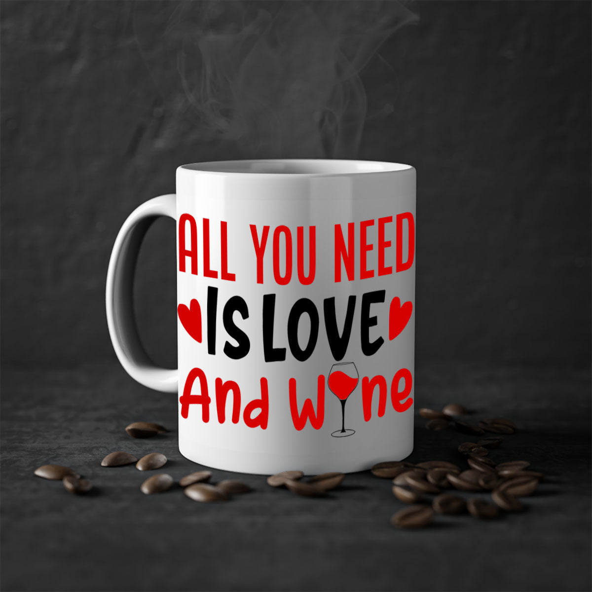 A stylish two-tone ceramic mug with the phrase 'All You Need Is Love and Wine', featuring a colored handle and glossy finish.