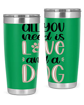 All You Need Is Love Style 36# dog tumbler in stainless steel with a vibrant design, perfect for hot and cold beverages.