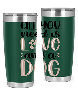 All You Need Is Love Style 36# dog tumbler in stainless steel with a vibrant design, perfect for hot and cold beverages.