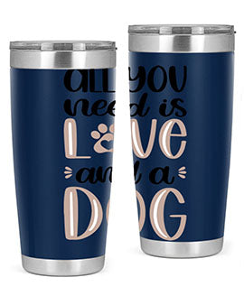 All You Need Is Love Style 36# dog tumbler in stainless steel with a vibrant design, perfect for hot and cold beverages.