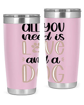 All You Need Is Love Style 36# dog tumbler in stainless steel with a vibrant design, perfect for hot and cold beverages.