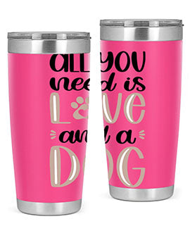 All You Need Is Love Style 36# dog tumbler in stainless steel with a vibrant design, perfect for hot and cold beverages.