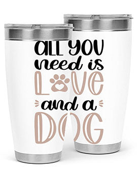 All You Need Is Love Style 36# dog tumbler in stainless steel with a vibrant design, perfect for hot and cold beverages.