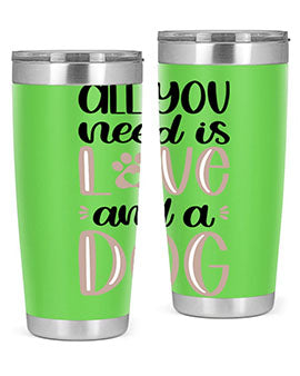 All You Need Is Love Style 36# dog tumbler in stainless steel with a vibrant design, perfect for hot and cold beverages.