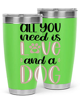 All You Need Is Love Style 36# dog tumbler in stainless steel with a vibrant design, perfect for hot and cold beverages.