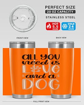 All You Need Is Love Style 36# dog tumbler in stainless steel with a vibrant design, perfect for hot and cold beverages.