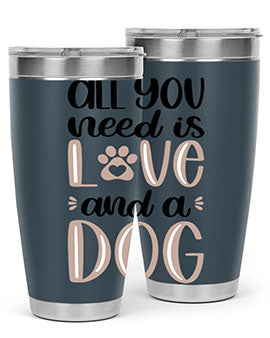 All You Need Is Love Style 36# dog tumbler in stainless steel with a vibrant design, perfect for hot and cold beverages.