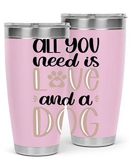 All You Need Is Love Style 36# dog tumbler in stainless steel with a vibrant design, perfect for hot and cold beverages.