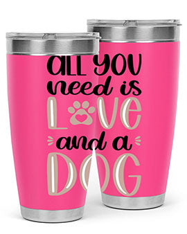 All You Need Is Love Style 36# dog tumbler in stainless steel with a vibrant design, perfect for hot and cold beverages.