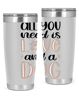 All You Need Is Love Style 36# dog tumbler in stainless steel with a vibrant design, perfect for hot and cold beverages.