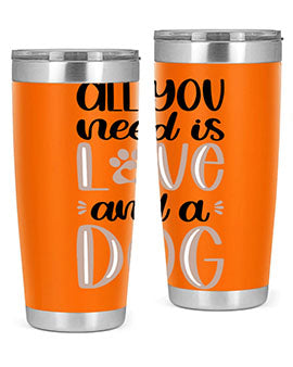 All You Need Is Love Style 36# dog tumbler in stainless steel with a vibrant design, perfect for hot and cold beverages.