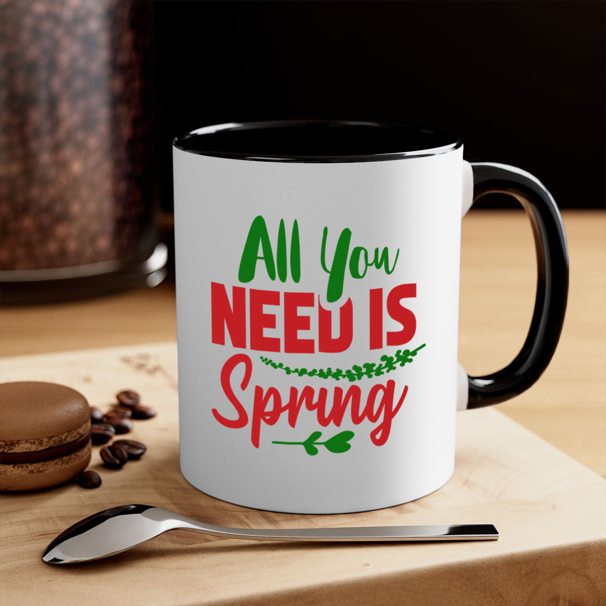 All You Need is Spring 17# Mug featuring a glossy finish, colored handle, and interior in five vibrant colors.