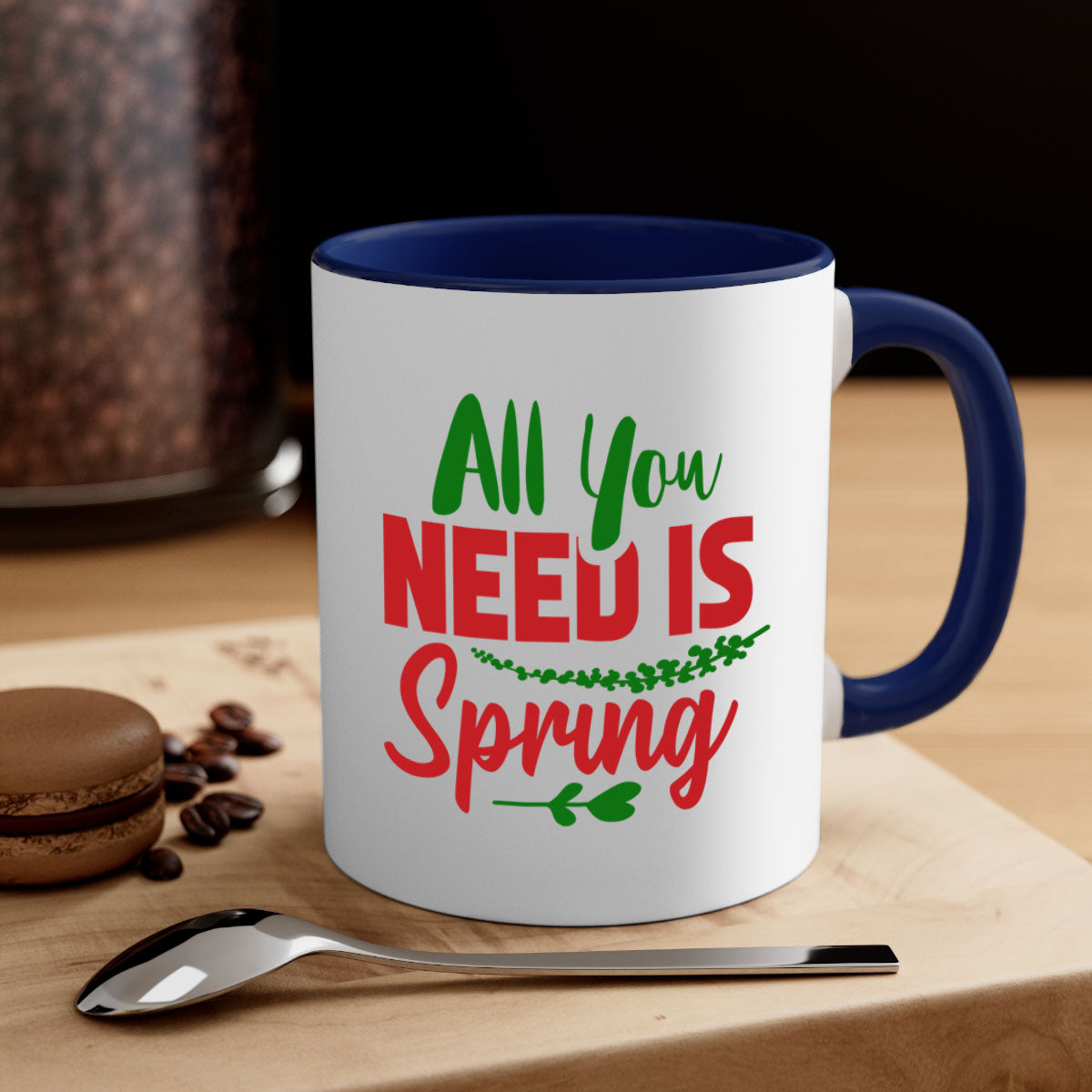 All You Need is Spring 17# Mug featuring a glossy finish, colored handle, and interior in five vibrant colors.