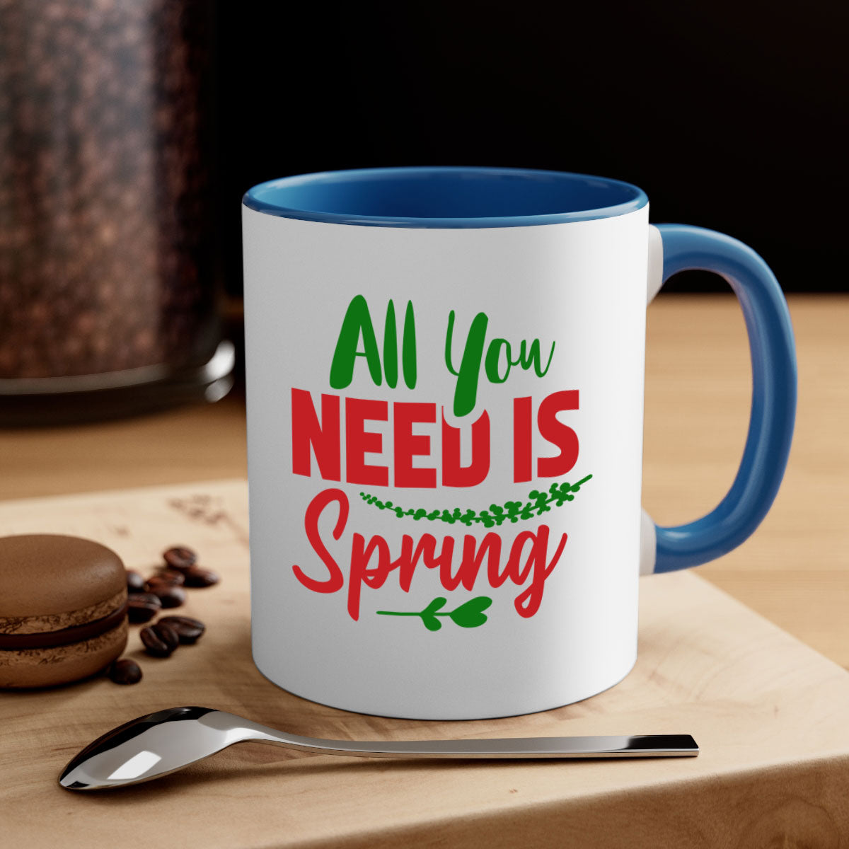 All You Need is Spring 17# Mug featuring a glossy finish, colored handle, and interior in five vibrant colors.