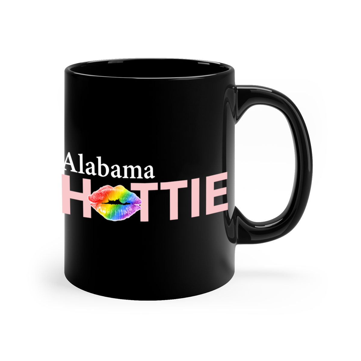 Alabama Hottie Mug featuring rainbow lips design with a glossy finish and colored handle, available in two sizes.