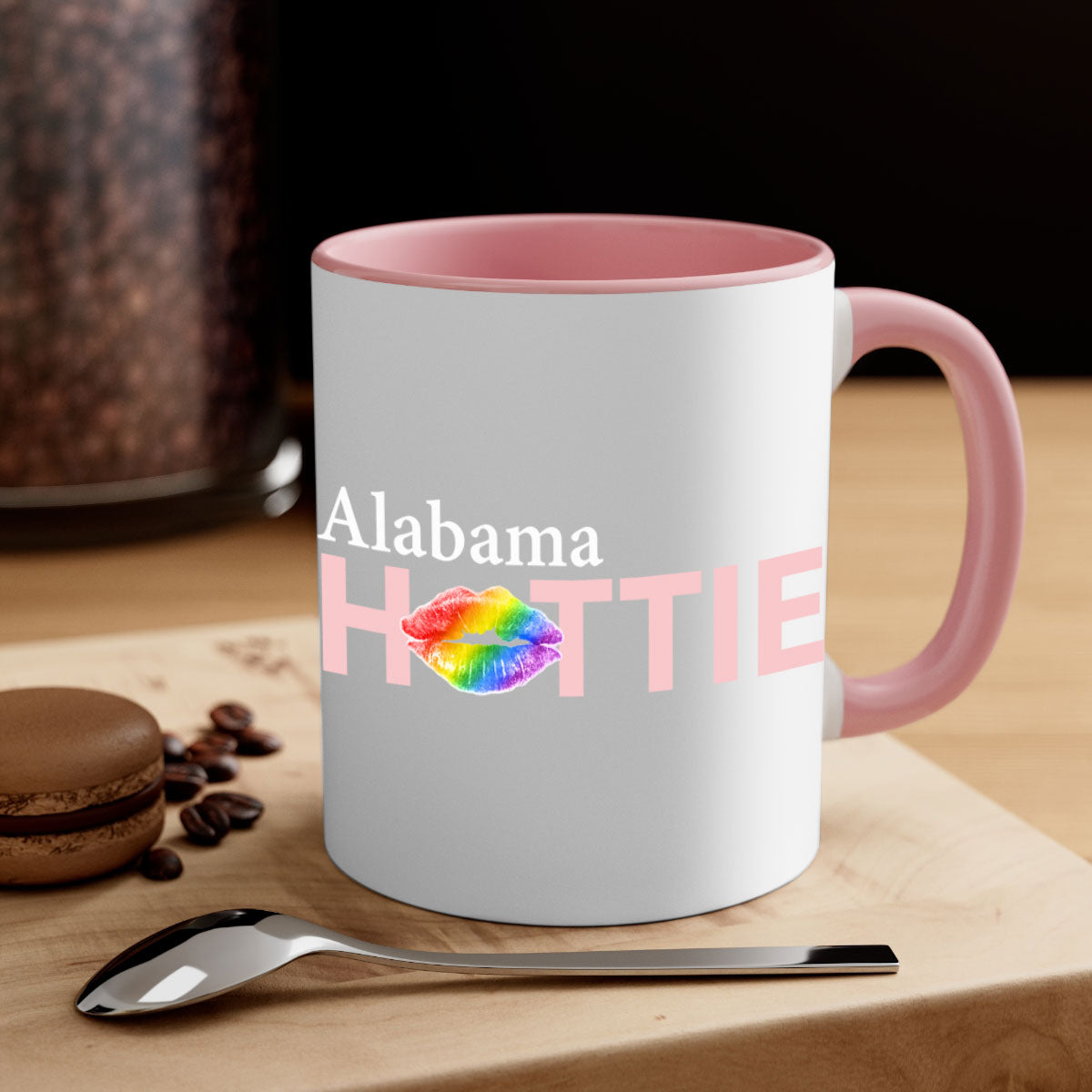 Alabama Hottie Mug featuring rainbow lips design with a glossy finish and colored handle, available in two sizes.