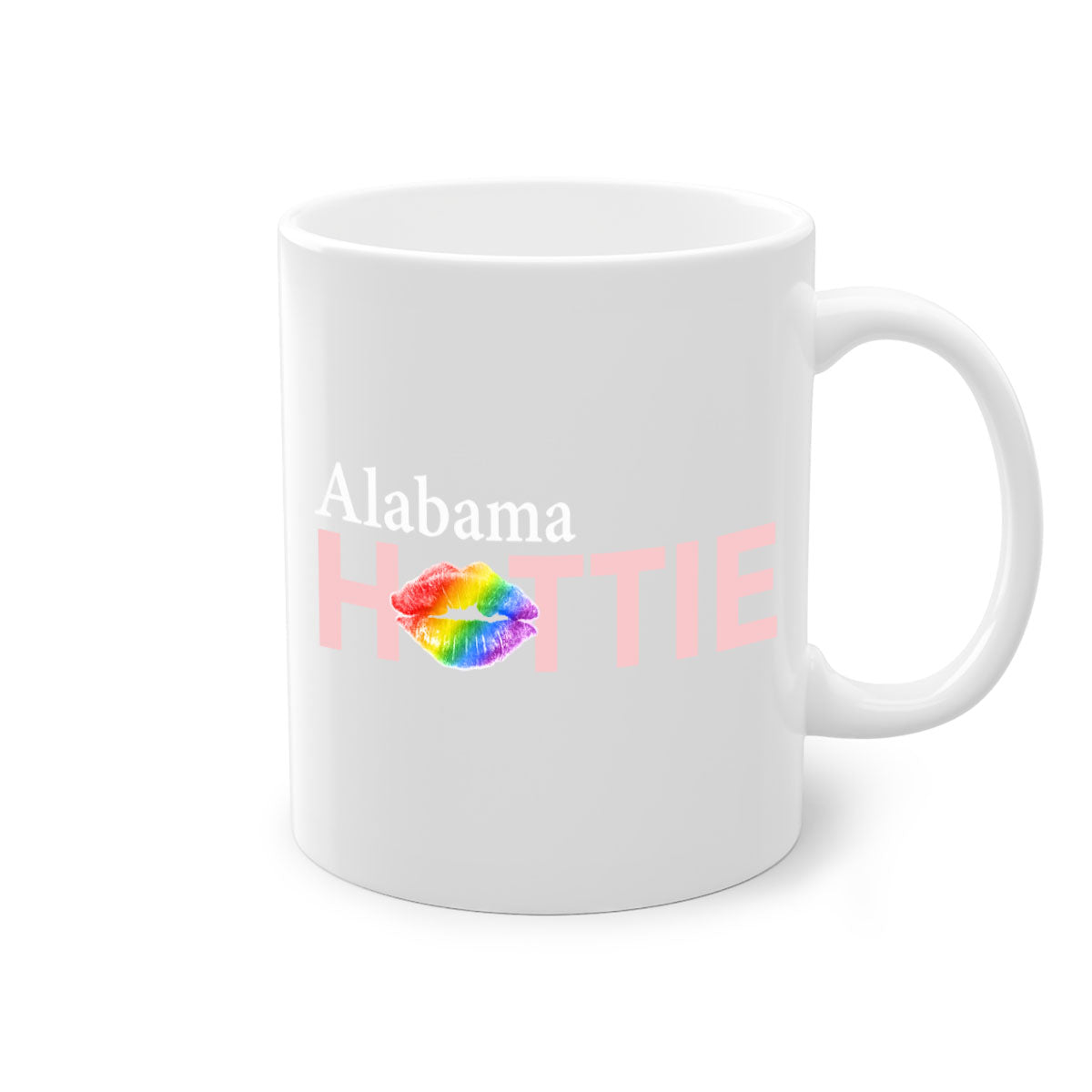 Alabama Hottie Mug featuring rainbow lips design with a glossy finish and colored handle, available in two sizes.