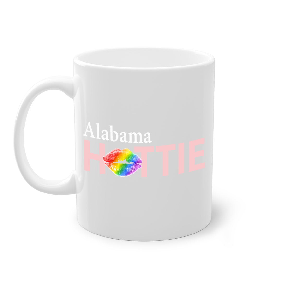 Alabama Hottie Mug featuring rainbow lips design with a glossy finish and colored handle, available in two sizes.