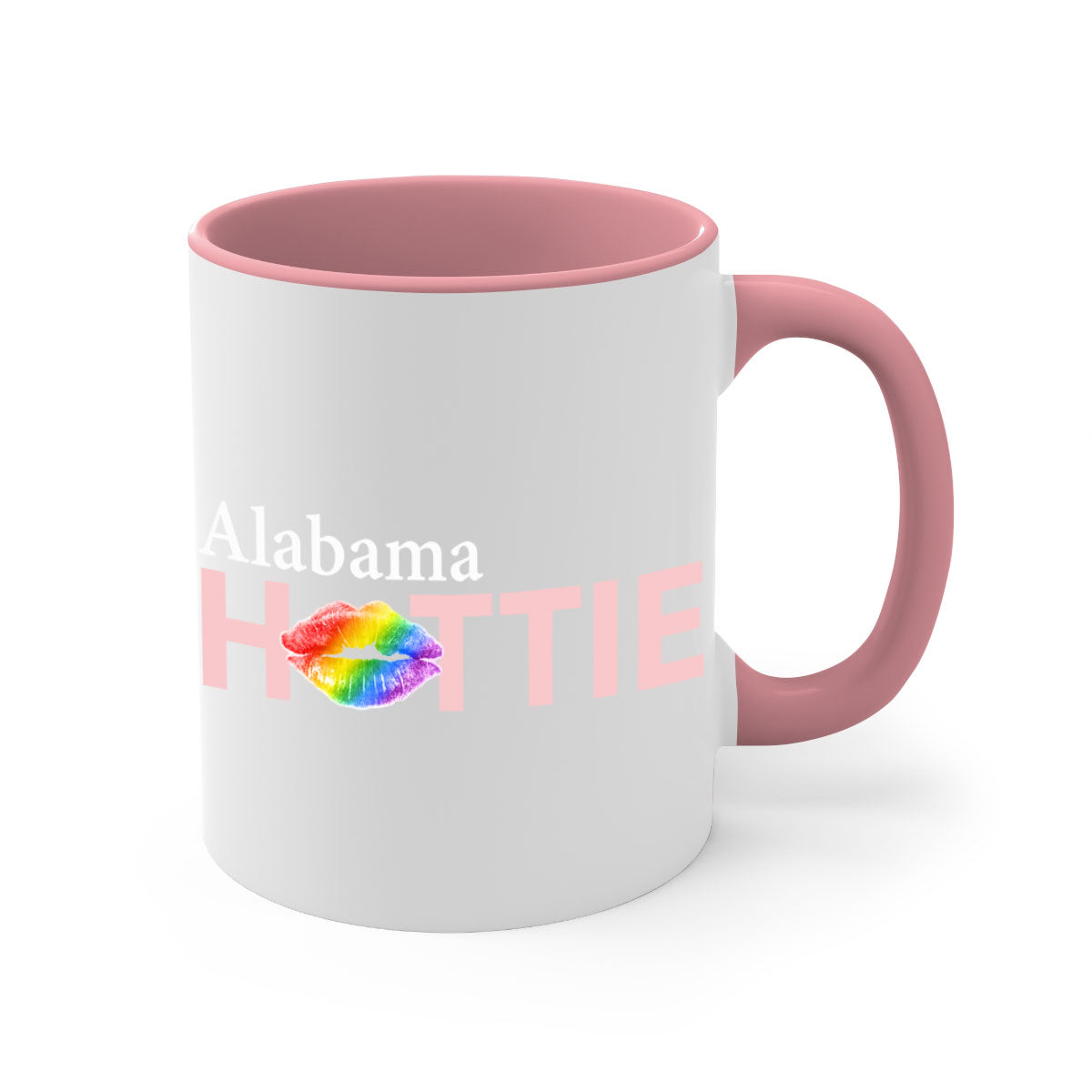 Alabama Hottie Mug featuring rainbow lips design with a glossy finish and colored handle, available in two sizes.