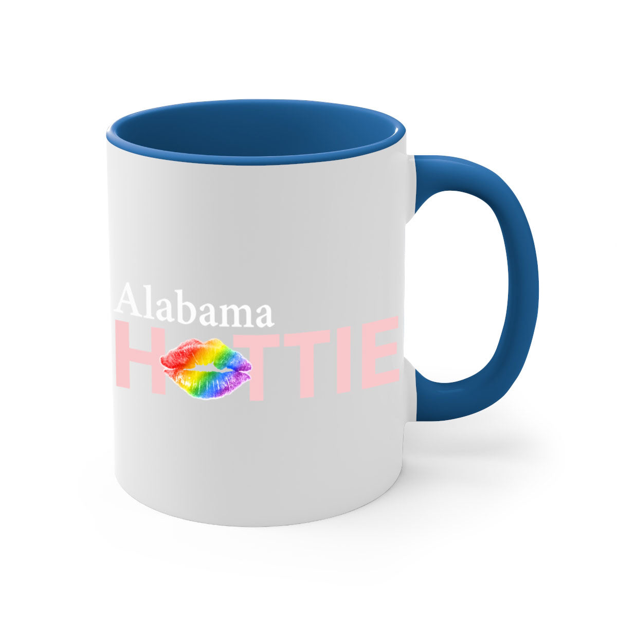 Alabama Hottie Mug featuring rainbow lips design with a glossy finish and colored handle, available in two sizes.