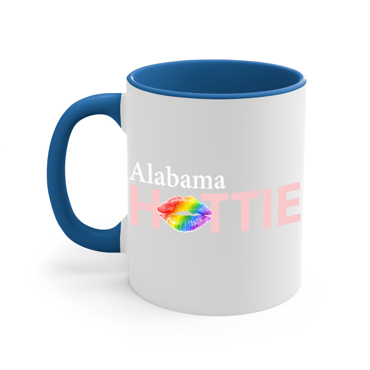 Alabama Hottie Mug featuring rainbow lips design with a glossy finish and colored handle, available in two sizes.