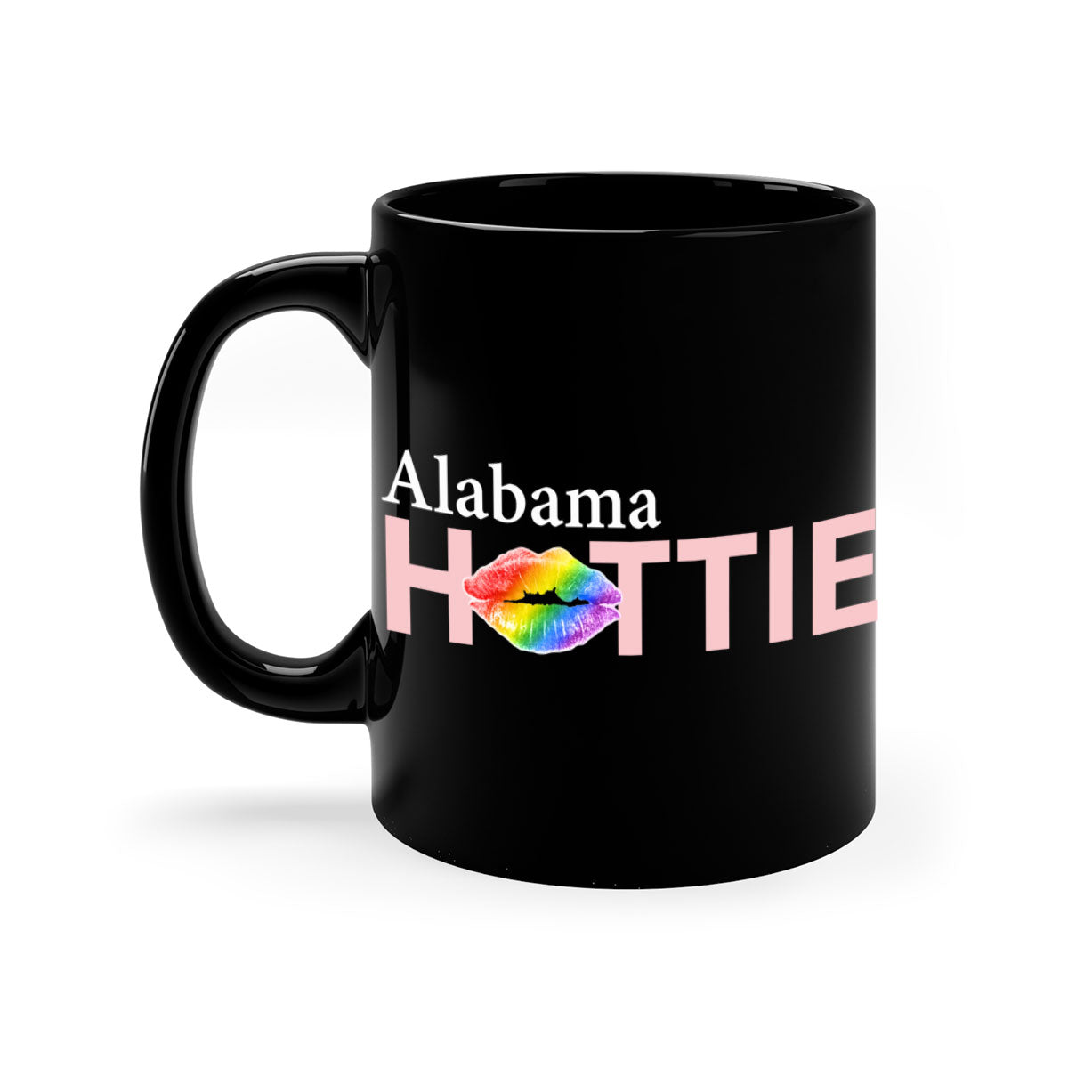 Alabama Hottie Mug featuring rainbow lips design with a glossy finish and colored handle, available in two sizes.