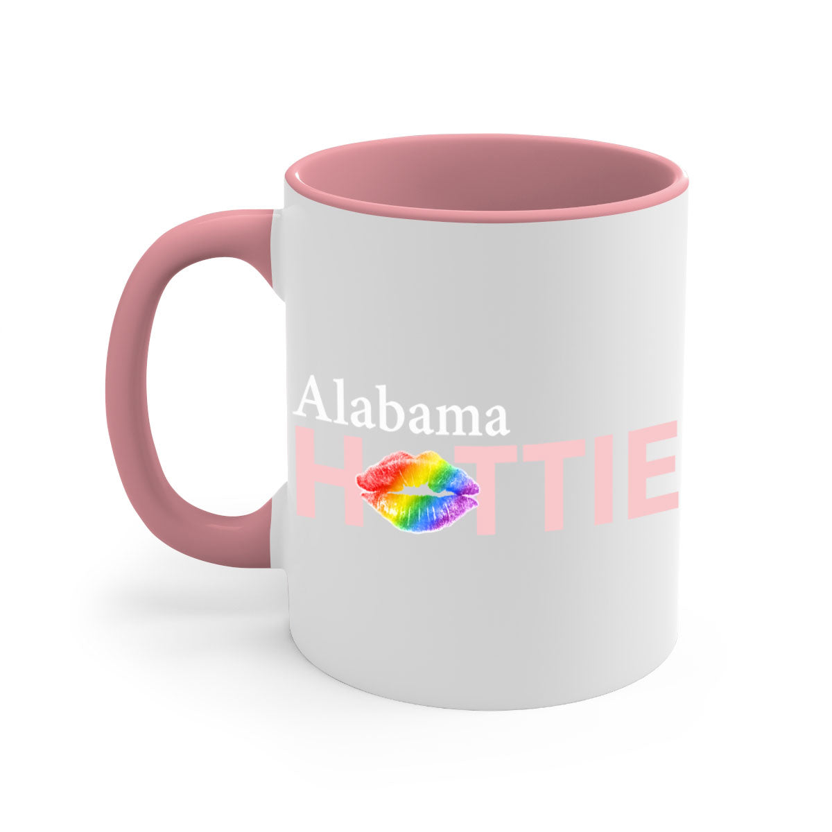 Alabama Hottie Mug featuring rainbow lips design with a glossy finish and colored handle, available in two sizes.