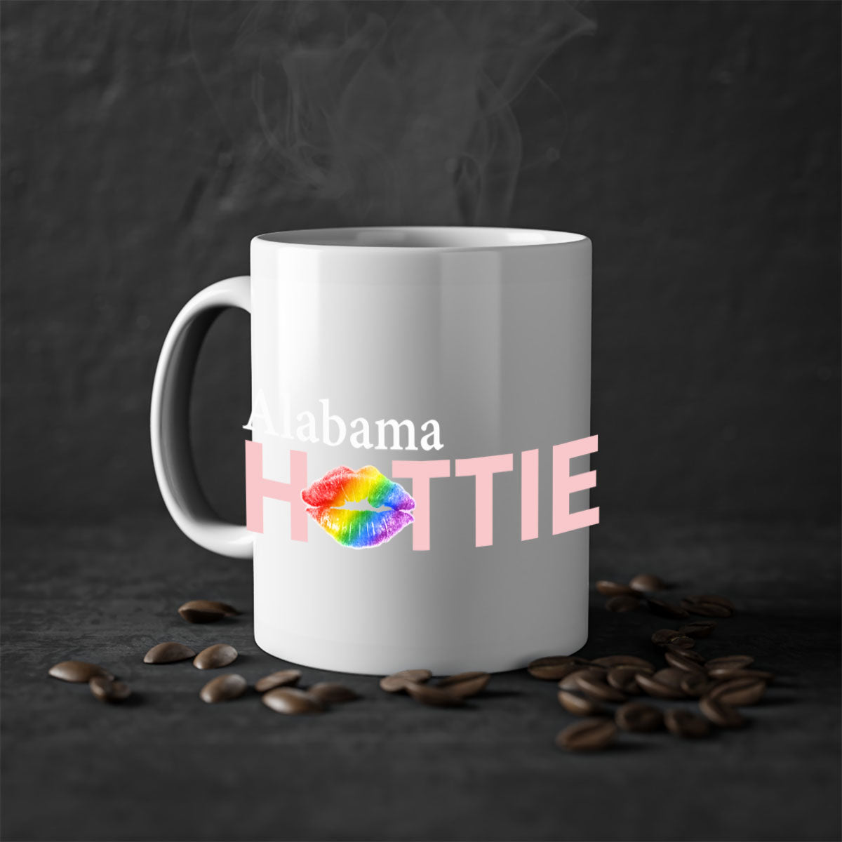 Alabama Hottie Mug featuring rainbow lips design with a glossy finish and colored handle, available in two sizes.