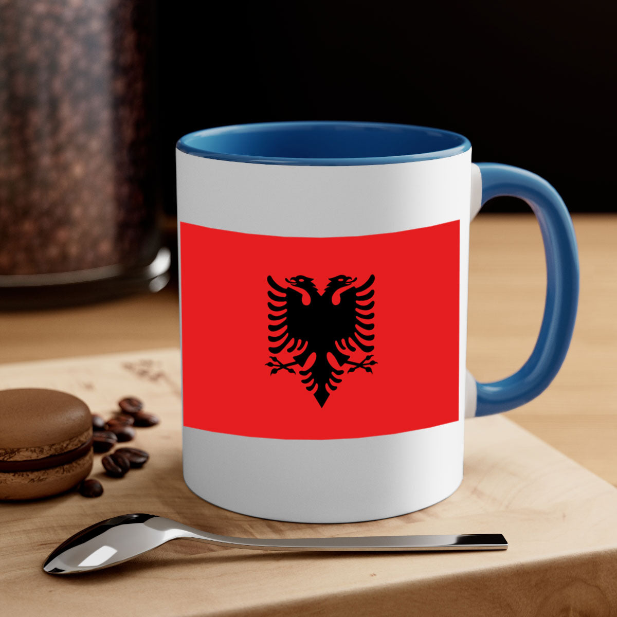 Albania 196# Mug featuring a glossy finish, colored handle, and interior, available in multiple colors.