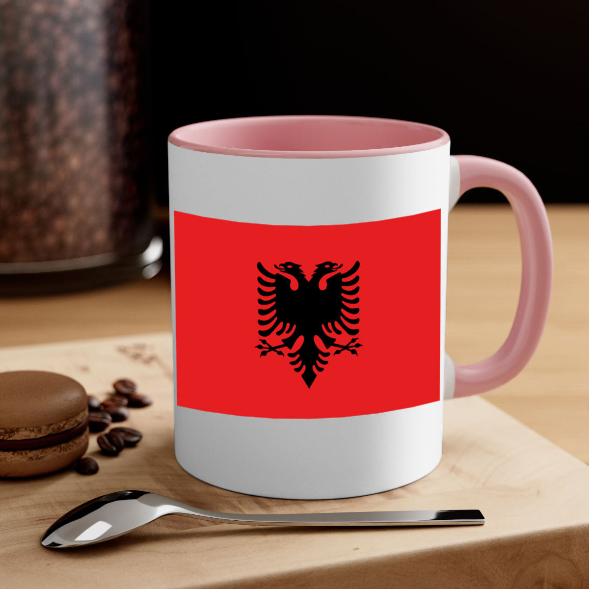 Albania 196# Mug featuring a glossy finish, colored handle, and interior, available in multiple colors.