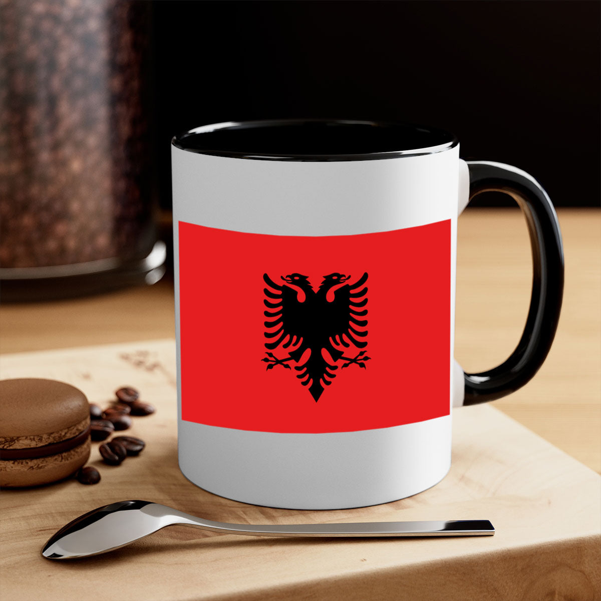 Albania 196# Mug featuring a glossy finish, colored handle, and interior, available in multiple colors.