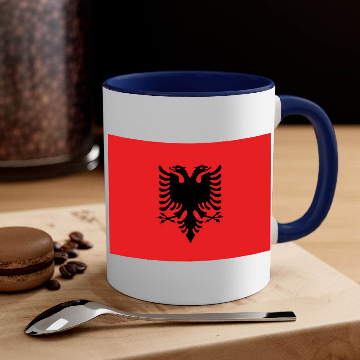 Albania 196# Mug featuring a glossy finish, colored handle, and interior, available in multiple colors.