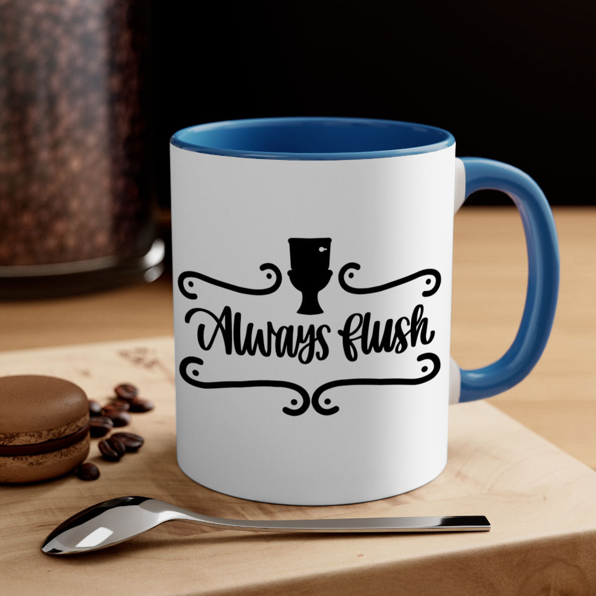 Always Flush 47# Bathroom Mug in five color options with a glossy finish and C-shaped handle, perfect for coffee or tea.