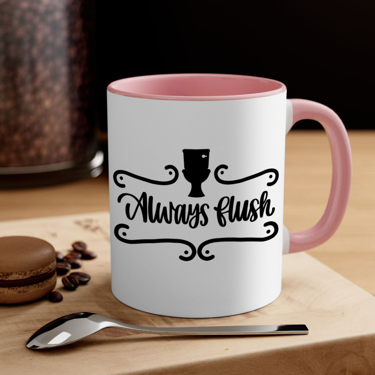 Always Flush 47# Bathroom Mug in five color options with a glossy finish and C-shaped handle, perfect for coffee or tea.